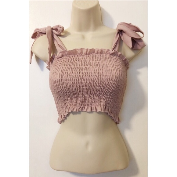 Tops - Pink Shirred Bow Tied Strap Crop Top